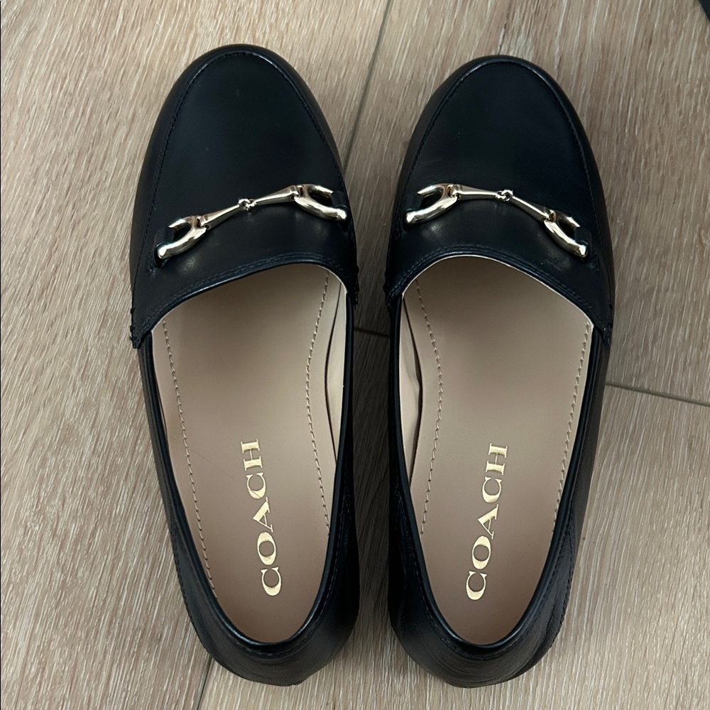Coach Black Leather Loafers with Gold Accents - Picture 4 of 6